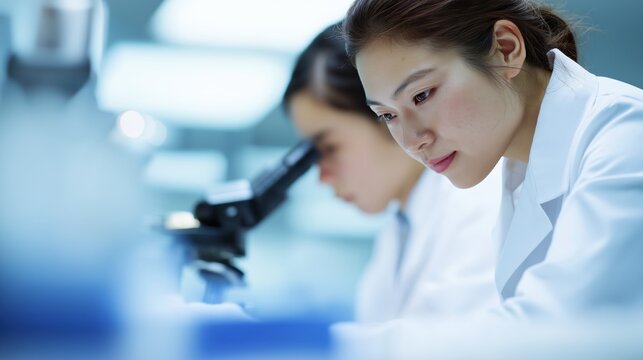 Female scientists working intently with microscope in laboratory  