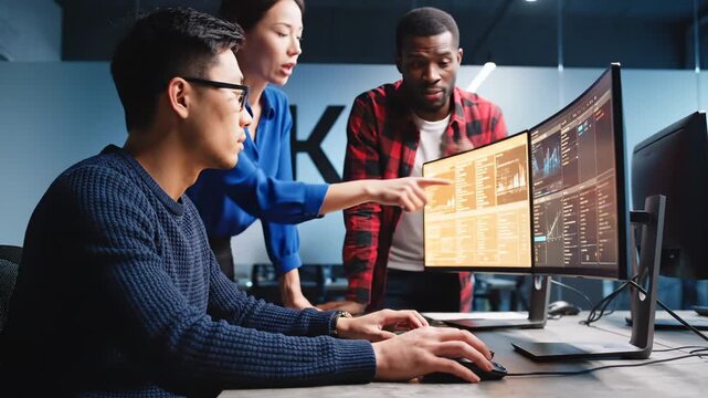Developer team analyzes code on computer monitor. Programming team works together in office. Developer reviews data while coding. Team collaboration on programming project with computer screens.