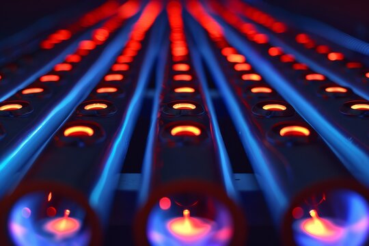 Blue glowing pipes in rows with red flames on black background, industrial abstract pattern