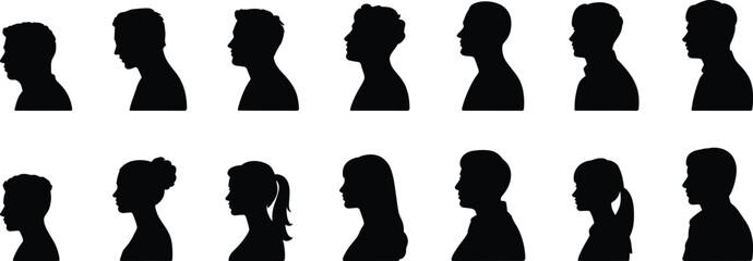 Male and female profile silhouettes set showing diverse human head side views isolated on white background people avatar collection illustration vector design © MdMominur