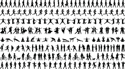 Naklejka premium People activity silhouettes set showing walking running dancing yoga sports cycling daily lifestyle movements isolated on white background vector illustration collection design