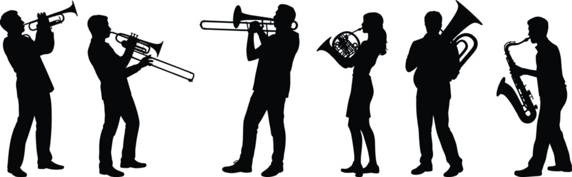 Musicians silhouettes playing brass and woodwind instruments jazz band orchestra performance isolated on white background music concert illustration set people vector design