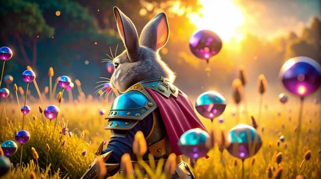 Mythical rabbit knight in sapphire armor hopping across golden sunlit meadows with floating amethyst orbs