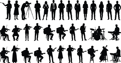Professional people and musicians silhouettes collection showing business figures and instrumental performers isolated on white background for creative design and commercial projects © MdMominur