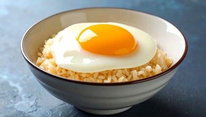 Sculptural rice topped with a soft egg, viewed from directly above in a bowl on a textured surface