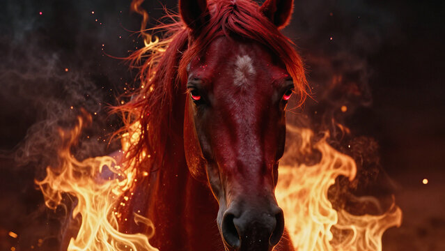 Horse Red portrait Extrem Close Up Fire Action background | Commercial | Majestic | Background for a Chinese New Year project  | Luxury Quartz, Fire smoke,embers, ashes hot