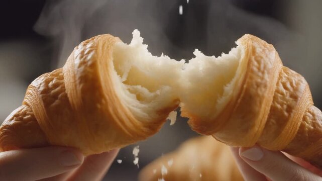 Cinematic Fresh Croissant Broken in Half with Steam and Flaky Layers in Slow Motion
