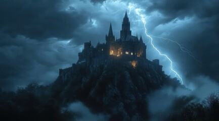 Naklejka premium Ominous medieval castle perched on a rocky cliff with warm glowing windows under a stormy night sky and a dramatic lightning strike, eerie and foreboding mood