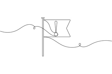 Obraz premium Warning flag sign icon continuous one line drawing on white background minimalist exclamation mark symbol outline vector illustration