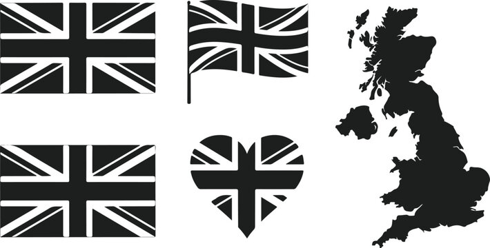United kingdom symbols vector set with flags and map