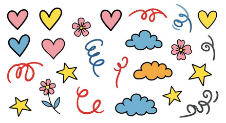 Cute Hand-Drawn Celebration Elements: Hearts, Clouds, Flowers, Stars, and Swirls