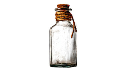 Vintage glass bottle with cork and rope rustic container decorative object isolated studio shot high resolution
