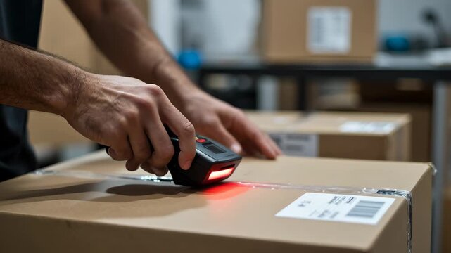 Hand Scanning Shipping Label on Cardboard Box in Warehouse Setting