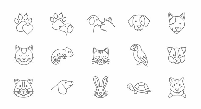 Collection of Cute Pet Animal Icons in Outline Style for Veterinary or Pet Shop
