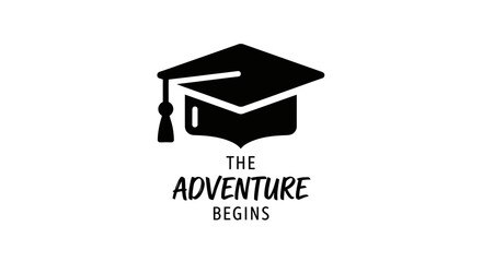 Graduation Cap and Text 'The Adventure Begins' Minimalist Vector Icon for Education Concepts