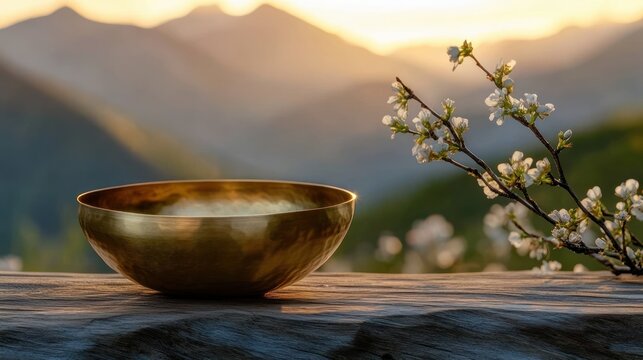 golden singing bowl releasing steam on a weathered wooden table beside a blossoming white branch at sunrise over soft mountain ridges, evoking peaceful calm