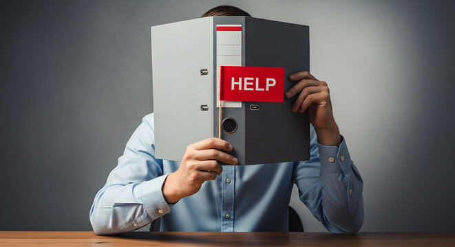 A person is partially hidden behind a large office binder featuring a prominent red "HELP" label, illustrating feelings of overwhelm, stress, and being buried under paperwork.