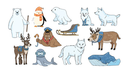 Arctic Animals Illustration: An endearing ensemble of arctic creatures, from polar bears to penguins, gather in a charming illustration, ready to bring warmth and wonder. © Ajhar234