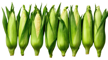 Fresh corn cobs with green husk organic sweet maize vegetable isolated healthy food concept high resolution