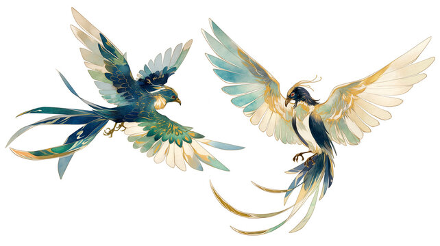 和柄と花文様に囲まれた優雅な鳥のイラスト、高級感あふれる装飾デザイン、伝統美と現代アートが融合