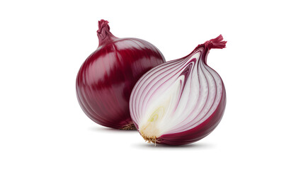 Two red onions, one whole and one halved, on a white background