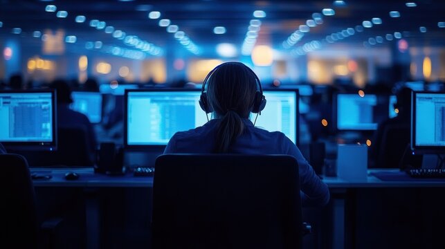 Back view of focused headset operator working on multiple glowing monitors in a dimly lit open office filled with rows of computers