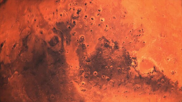 Mars surface from orbit, highly detailed and realistic Mars terrain surface rotating as a scientific background, 4k seamless animation.