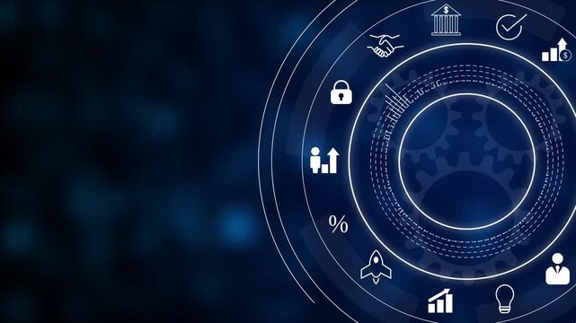 Futuristic digital interface with circular hud around a globe on dark blue background, surrounded by finance and business icons like lock, handshake, bank, charts, rocket and light bulb