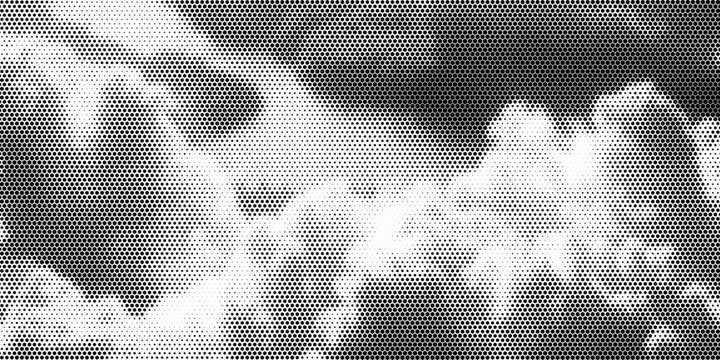 Black seamless hexagon texture. Repeated honeycomb pattern background. Geometric hexagonal halftone tech overlay backdrop. Abstract repeating hex halftone. Vector retro technology dot texure wallpaper