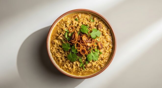 Delicious haleem dish with garnish in clay bowl