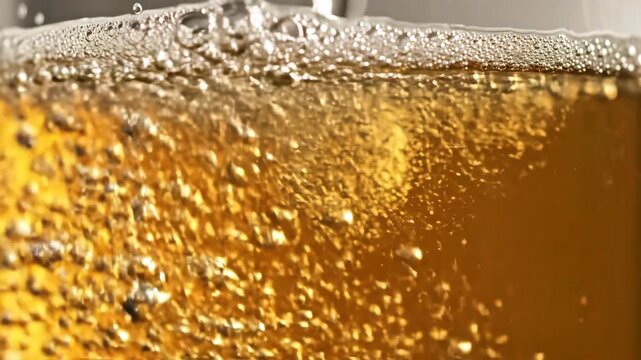 Close-up of golden beer with bubbles and foam, refreshing drink.