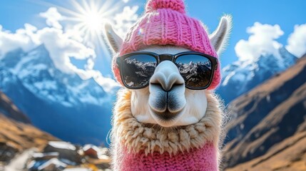 Fototapeta premium cool llama wearing a pink knit hat and matching sweater with sunglasses reflecting snow-capped mountains in a sunny alpine valley, playful and confident expression