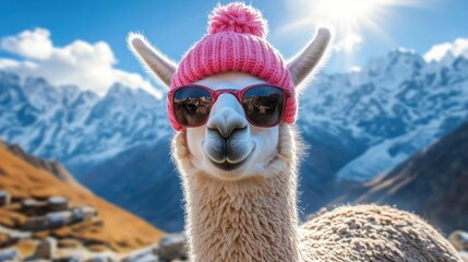 Fototapeta premium playful fluffy alpaca wearing a pink knit hat and sunglasses amid sunlit snowy mountains and rocky highland meadows
