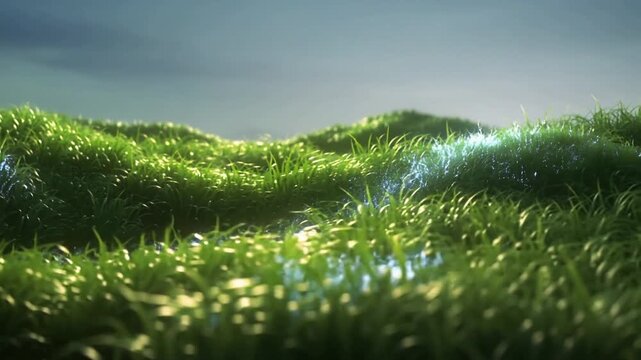 Glowing energy flowing through lush grass landscape