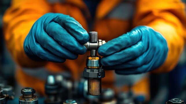 Two blue-gloved hands adjusting a threaded brass valve fitting on a workbench scattered with nuts and bolts, worker in orange high-visibility jacket, focused and careful