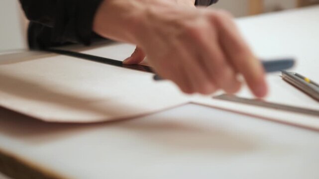 Handheld close up of craftsman marking leather pattern with pen and cutting blank with precision knife. Focus on measurement tools, template and detailed leather crafting process in workshop.