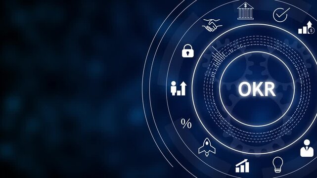 Futuristic business dashboard interface with glowing okr text in circular hud, surrounded by icons for goals, analytics, security, teamwork and finance on dark blue background.