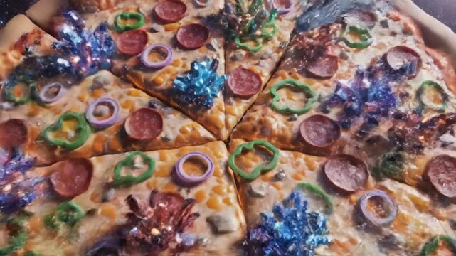 Cosmic pizza with crystals and spaceships flying through vibrant galaxy