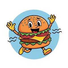 Happy cartoon cheeseburger character jumping.