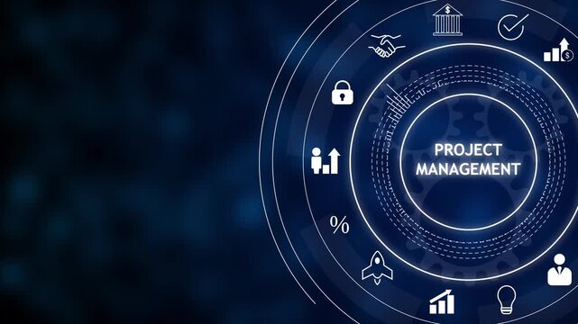 Blue abstract tech background with circular interface and icons around text "project management" symbolizing planning, teamwork, finance, security and analytics.