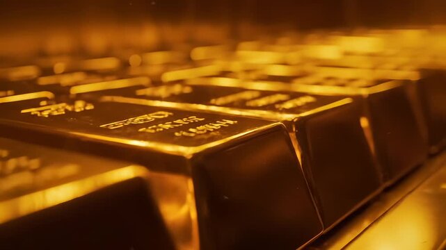Gold bars stacked showing investment wealth and banking reserves. Shiny gold bullion reflects light. Gold ingots display financial wealth. Banking gold bars stacked. Investment in gold bullion bars.