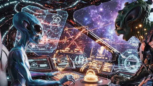 Alien crew navigating spaceship through galaxy with futuristic control panel.