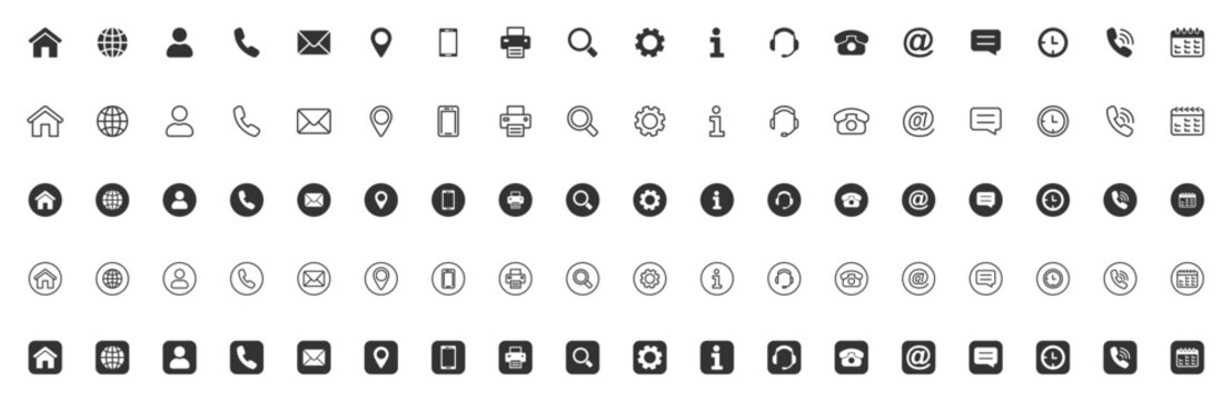 Contact icon set. Collection of contact and website icons. Home, location, call, at, email, address, globe, chat, message, mail, telephone, information, support. Editable stroke. Contact us icons.