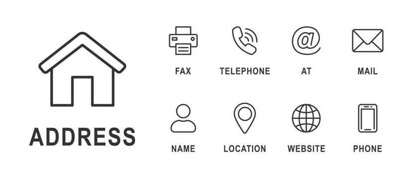 Contact icon set. Collection of contact and website icons. Home, location, call, at, email, address, globe, chat, message, mail, telephone, information, support. Editable stroke. Contact us icons.