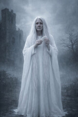 Naklejka premium Sad mourning banshee spirit holding a comb in rainy castle ruins