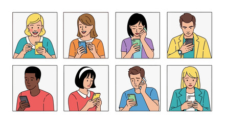 Diverse people interacting with smartphones showing various emotions and expressions © kazuki