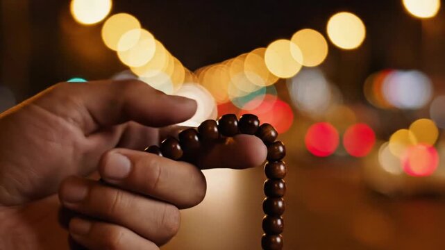 Close up of hands holding tasbih with soft night bokeh lights