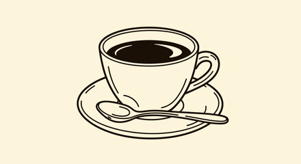 Obraz premium Cozy Coffee Cup with Spoon and Saucer, Hand-Drawn Doodle Style Vector Art