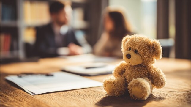 Child Custody Consultation Scene With Toy on Table During Discussion Among Parents and Lawyer in Soft Light at Local Office