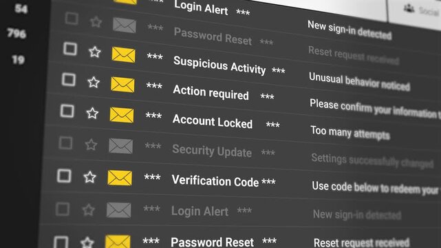 Security and Account Email Scrolling List on Dark Background. Login Alerts, Password Reset, Verification Notices, Suspicious Activity, Warnings and Privacy Protection Updates. 4K 2D Video Animation